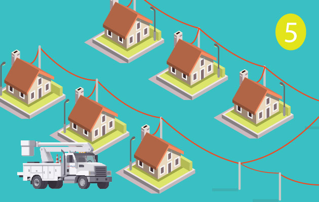 A graphic of a bucket truck in a neighborhood